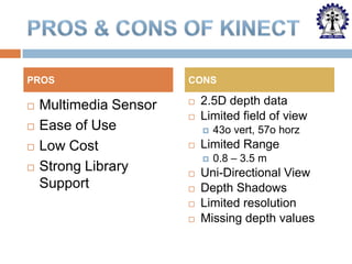 PROS





Multimedia Sensor
Ease of Use
Low Cost
Strong Library
Support

CONS



2.5D depth data
Limited field of view




Limited Range







43o vert, 57o horz
0.8 – 3.5 m

Uni-Directional View
Depth Shadows
Limited resolution
Missing depth values

 