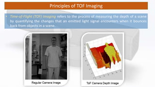Principles of TOF Imaging
• Time-of-Flight (TOF) Imaging refers to the process of measuring the depth of a scene
by quantifying the changes that an emitted light signal encounters when it bounces
back from objects in a scene.
 