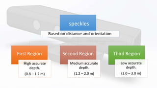 speckles
Based on distance and orientation
First Region
High accurate
depth.
(0.8 – 1.2 m)
Second Region
Medium accurate
depth.
(1.2 – 2.0 m)
Third Region
Low accurate
depth.
(2.0 – 3.0 m)
 