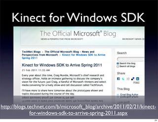 Kinect for Windows SDK




http://blogs.technet.com/b/microsoft_blog/archive/2011/02/21/kinect-
              for-windows-sdk-to-arrive-spring-2011.aspx
                                                                   24
 