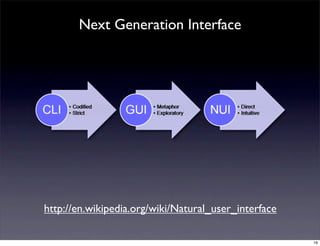 Next Generation Interface




http://en.wikipedia.org/wiki/Natural_user_interface

                                                      16
 