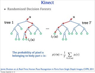 Kinect
•Randomized Decision Forests
The probability of pixel u
belonging to body part c is:
Jamie Shutton et. al, Real-Time Human Pose Recognition in Parts from Single Depth Images, CVPR, 2011
Thursday, September 12, 13
 