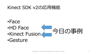 Kinect SDK v2の応用機能
•Face
•HD Face
•Kinect Fusion
•Gesture
Copyright © 2015 Natural Software All rights reserved.
今日の事例
6
 