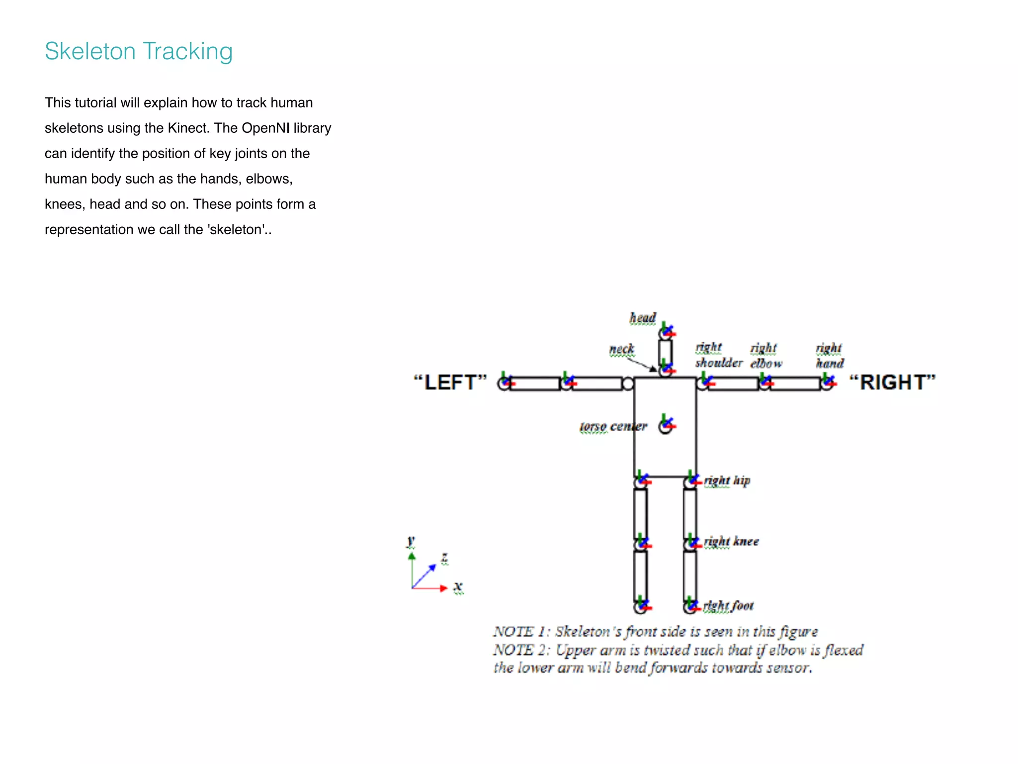 Skeleton Tracking
This tutorial will explain how to track human
skeletons using the Kinect. The OpenNI library
can identify the position of key joints on the
human body such as the hands, elbows,
knees, head and so on. These points form a
representation we call the 'skeleton'..
 