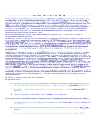 D E S C R I P C I Ó N   D E   L O S   E S T U D I O S

En la prórroga de la búsqueda de ensayos, desde noviembre de 2001 hasta mayo de 2003, se identificaron cuatro estudios nuevos,
uno de los cuales (Wirbel 1999) se incluyó, dos están en curso (Frostick 2003; Shah 2003),y el otro (de Boer 2003),se excluyó
después de recibir información adicional de los autores. La publicación completa de Hodgson 2003 (anteriormente Hodgson 2000)
originó la transferencia de la categoría de estudios en curso a la categoría de estudios incluidos. La información recibida sobre Martin
2000, previamente en los Estudios en espera de evaluación, dio como resultado su exclusión. Cinco informes adicionales, que
incluyen una publicación completa con la presentación de los resultados para una población de estudio expandida (Holbein 1999), se
identificaron para Hoellen 1997 y un resumen de congresos se identificó para un estudio en curso mencionado (Sharma 2000).
Los resúmenes de las poblaciones de los ensayos de las versiones anteriores y actuales de esta revisión, así como también los
cambios en las actualizaciones se presentan en la Tabla 05 .
En total, ahora hay 12 ensayos incluidos, cuatro ensayos se mencionan como en curso y 11 se excluyeron (ver Tabla de
características de los estudios excluidos).

Los 12 ensayos incluidos se publicaron como artículos en revistas; uno (Zyto 1997) se identificó inicialmente en actas de congresos y
en un informe antes de la publicación proporcionado por los autores. Dos ensayos publicados en alemán fueron traducidos al inglés.
(Hoellen 1997; Rommens 1993). Siete ensayos se identificaron originalmente a través de MEDLINE, dos (Revay 1992; Wirbel 1999)a
través de la Cochrane Library, uno (Zyto 1997) a través de búsquedas manuales de resúmenes de congresos, otro (Hodgson 2003) a
través del National Research Register, y dos estudios (Lundberg 1979; Stableforth 1984)se mencionaron en las referencias de los
artículos de revistas. Se localizaron tres ensayos en curso en el National Research Register y el cuarto se obtuvo oportunamente
mediante la discusión con un autor de ensayos; los detalles adicionales de éstos aparecen en la Tabla de características de los
estudios en curso.

Los 12 ensayos incluidos, que comprendieron un total de 578 pacientes, fueron estudios en un solo centro realizados en cinco países
diferentes: Bélgica (un estudio); Dinamarca (2); Alemania (2); Suecia (4) y RU (3). (Aunque básicamente fue un estudio en un
mismo centro, las intervenciones en Hodgson 2003 se llevaron a cabo en dos centros de una fundación NHS en el Reino Unido.) La
mayoría de los pacientes de cada ensayo era del sexo femenino (70% al 88%). La mayoría de los pacientes tenía 60 años o más; dos
ensayos (Livesley 1992; Wirbel 1999)incluyeron una pequeña cantidad de niños, mientras que otro (Hoellen 1997)solamente incluyó
pacientes que tenían 65 años o más. Cinco ensayos (Bertoft 1984; Hodgson 2003; Livesley 1992; Lundberg 1979; Revay
1992)incluyeron solamente fracturas no desplazadas o levemente desplazadas, mientras que cinco (Hoellen 1997; Kristiansen 1988;
Stableforth 1984; Wirbel 1999; Zyto 1997)solamente seleccionaron pacientes con fracturas desplazadas. Las fracturas se clasificaron
según el sistema de clasificación de Neer (Neer 1970) en nueve ensayos, según una modificación del sistema de clasificación AO
descrito en Wirbel 1999y en los dos restantes no se hizo referencia a un sistema de clasificación específico (Bertoft 1984; Rommens
1993). Los detalles adicionales de los ensayos individuales se encuentran en la tabla Características de los estudios incluidos.
Ocho ensayos evaluaron el tratamiento conservador, aunque en uno fue un tratamiento postoperatorio. Tres ensayos compararon el
tratamiento quirúrgico con el tratamiento conservador, y uno de ellos comparó dos métodos de cirugía. A continuación se proporciona
una lista de las comparaciones, los números de pacientes y los ensayos asociados agrupados según las hipótesis nulas que se
presentan en Objetivos:
(1) Métodos de tratamiento conservador (con rehabilitación)

(a) Tratamiento inicial


             Fisioterapia "inmediata" dentro de la primera semana después de la fractura versus fisioterapia demorada después de
             tres semanas de inmovilización con un soporte cervical y un cabestrillo para el brazo: Hodgson 2003 (86 pacientes).


             Inmovilización con cabestrillo y vendaje corporal durante una semana versus tres semanas: Kristiansen 1989 (85
             pacientes).


             Vendaje Gilchrist versus vendaje Desault "clásico": Rommens 1993 (28 pacientes).

(b) Tratamiento continuo (rehabilitación) después del tratamiento inicial conservador que incluye inmovilización con un cabestrillo


             Fisioterapia autoasistida con instrucciones versus fisioterapia convencional: Bertoft 1984 (20 pacientes); Lundberg 1979
             (42 pacientes).


             Tratamiento en piscina más entrenamiento autoasistido versus entrenamiento autoasistido solamente: Revay 1992 (48
             pacientes).


             Aparato que proporciona un campo electromagnético pulsátil versus aparato de simulación: Livesley 1992 (48
 