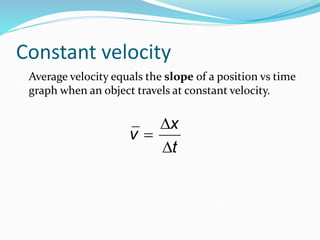 Constant velocity 
Average velocity equals the slope of a position vs time 
graph when an object travels at constant velocity. 
 
v  
x 
t 
 