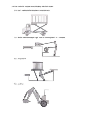 Draw the kinematic diagram of the following machines shown:

   (1) A truck used to deliver supplies to passenger jets.




   (2) A device used to move packages from an assembly bench to a conveyor.




   (3) A lift platform




   (4) A backhoe
 