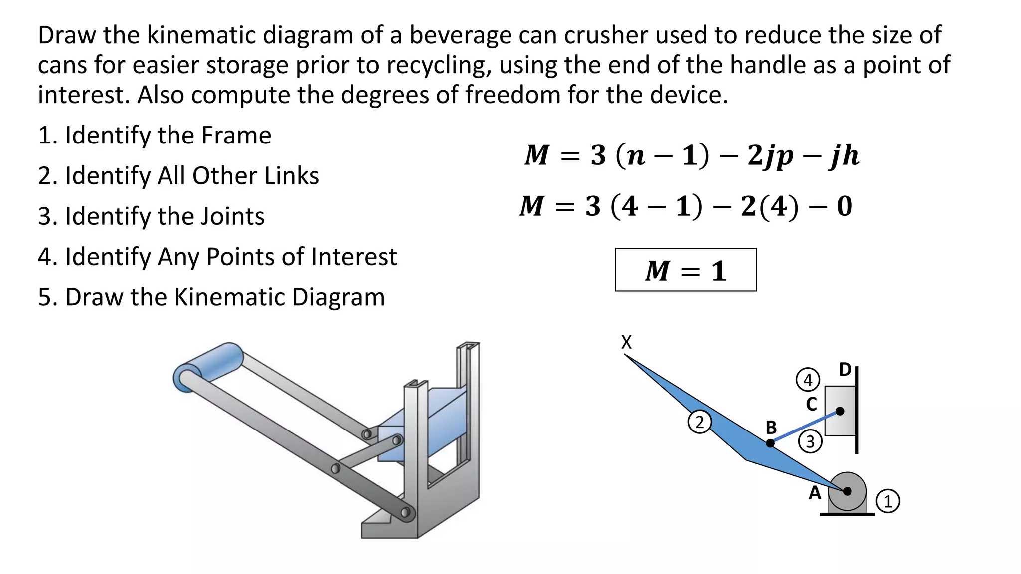 Draw the kinematic diagram of a beverage can crusher used to reduce the size of
cans for easier storage prior to recycling, using the end of the handle as a point of
interest. Also compute the degrees of freedom for the device.
1. Identify the Frame
2. Identify All Other Links
3. Identify the Joints
4. Identify Any Points of Interest
5. Draw the Kinematic Diagram
1
2
3
4
A
B
D
C
X
𝑴 = 𝟑 𝒏 − 𝟏 − 𝟐𝒋𝒑 − 𝒋𝒉
𝑴 = 𝟑 𝟒 − 𝟏 − 𝟐(𝟒) − 𝟎
𝑴 = 𝟏
 
