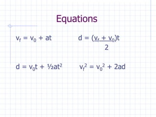 Equations
vf = v0 + at d = (vf + v0)t
2
d = v0t + ½at2 vf
2 = v0
2 + 2ad
 