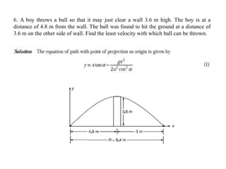 6. A boy throws a ball so that it may just clear a wall 3.6 m high. The boy is at a
distance of 4.8 m from the wall. The ball was found to hit the ground at a distance of
3.6 m on the other side of wall. Find the least velocity with which ball can be thrown.
 
