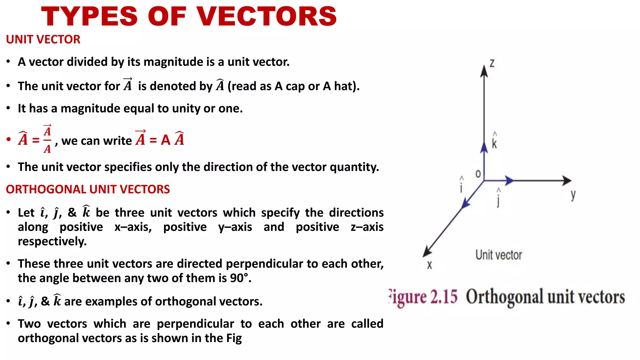 UNIT VECTOR
• A vector divided by its magnitude is a unit vector.
• The unit vector for 𝑨 is denoted by ෡𝑨 (read as A cap or A hat).
• It has a magnitude equal to unity or one.
• ෡𝑨 =
𝑨
𝑨
, we can write 𝑨 = A ෡𝑨
• The unit vector specifies only the direction of the vector quantity.
ORTHOGONAL UNIT VECTORS
• Let Ƹ𝒊, Ƹ𝒋, & ෡𝒌 be three unit vectors which specify the directions
along positive x–axis, positive y–axis and positive z–axis
respectively.
• These three unit vectors are directed perpendicular to each other,
the angle between any two of them is 90°.
• Ƹ𝒊, Ƹ𝒋, & ෡𝒌 are examples of orthogonal vectors.
• Two vectors which are perpendicular to each other are called
orthogonal vectors as is shown in the Fig
TYPES OF VECTORS
 
