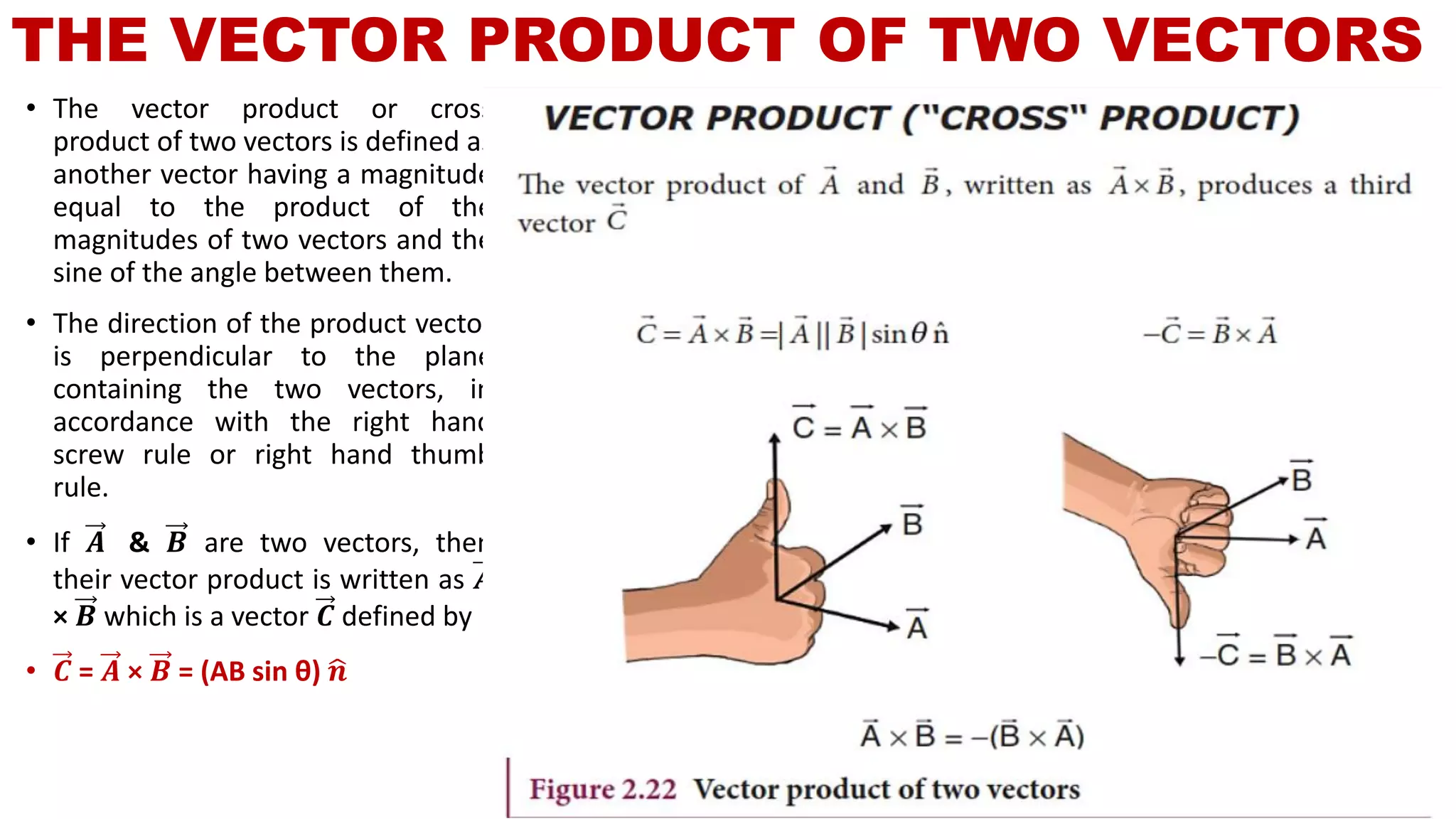 THE VECTOR PRODUCT OF TWO VECTORS
• The vector product or cross
product of two vectors is defined as
another vector having a magnitude
equal to the product of the
magnitudes of two vectors and the
sine of the angle between them.
• The direction of the product vector
is perpendicular to the plane
containing the two vectors, in
accordance with the right hand
screw rule or right hand thumb
rule.
• If 𝑨 & 𝑩 are two vectors, then
their vector product is written as 𝑨
× 𝑩 which is a vector 𝑪 defined by
• 𝑪 = 𝑨 × 𝑩 = (AB sin θ) ෝ𝒏
 