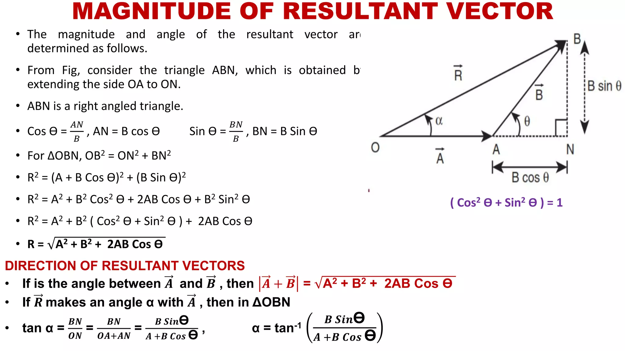 MAGNITUDE OF RESULTANT VECTOR
• The magnitude and angle of the resultant vector are
determined as follows.
• From Fig, consider the triangle ABN, which is obtained by
extending the side OA to ON.
• ABN is a right angled triangle.
• Cos ϴ =
𝐴𝑁
𝐵
, AN = B cos ϴ Sin ϴ =
𝐵𝑁
𝐵
, BN = B Sin ϴ
• For ΔOBN, OB2 = ON2 + BN2
• R2 = (A + B Cos ϴ)2 + (B Sin ϴ)2
• R2 = A2 + B2 Cos2 ϴ + 2AB Cos ϴ + B2 Sin2 ϴ
• R2 = A2 + B2 ( Cos2 ϴ + Sin2 ϴ ) + 2AB Cos ϴ
• R = A2 + B2 + 2AB Cos ϴ
( Cos2 ϴ + Sin2 ϴ ) = 1
DIRECTION OF RESULTANT VECTORS
• If is the angle between 𝑨 and 𝑩 , then 𝑨 + 𝑩 = A2 + B2 + 2AB Cos ϴ
• If 𝑹 makes an angle α with 𝑨 , then in ΔOBN
• tan α =
𝑩𝑵
𝑶𝑵
=
𝑩𝑵
𝑶𝑨+𝑨𝑵
=
𝑩 𝑺𝒊𝒏ϴ
𝑨 +𝑩 𝑪𝒐𝒔 ϴ
, α = tan-1
𝑩 𝑺𝒊𝒏ϴ
𝑨 +𝑩 𝑪𝒐𝒔 ϴ
 