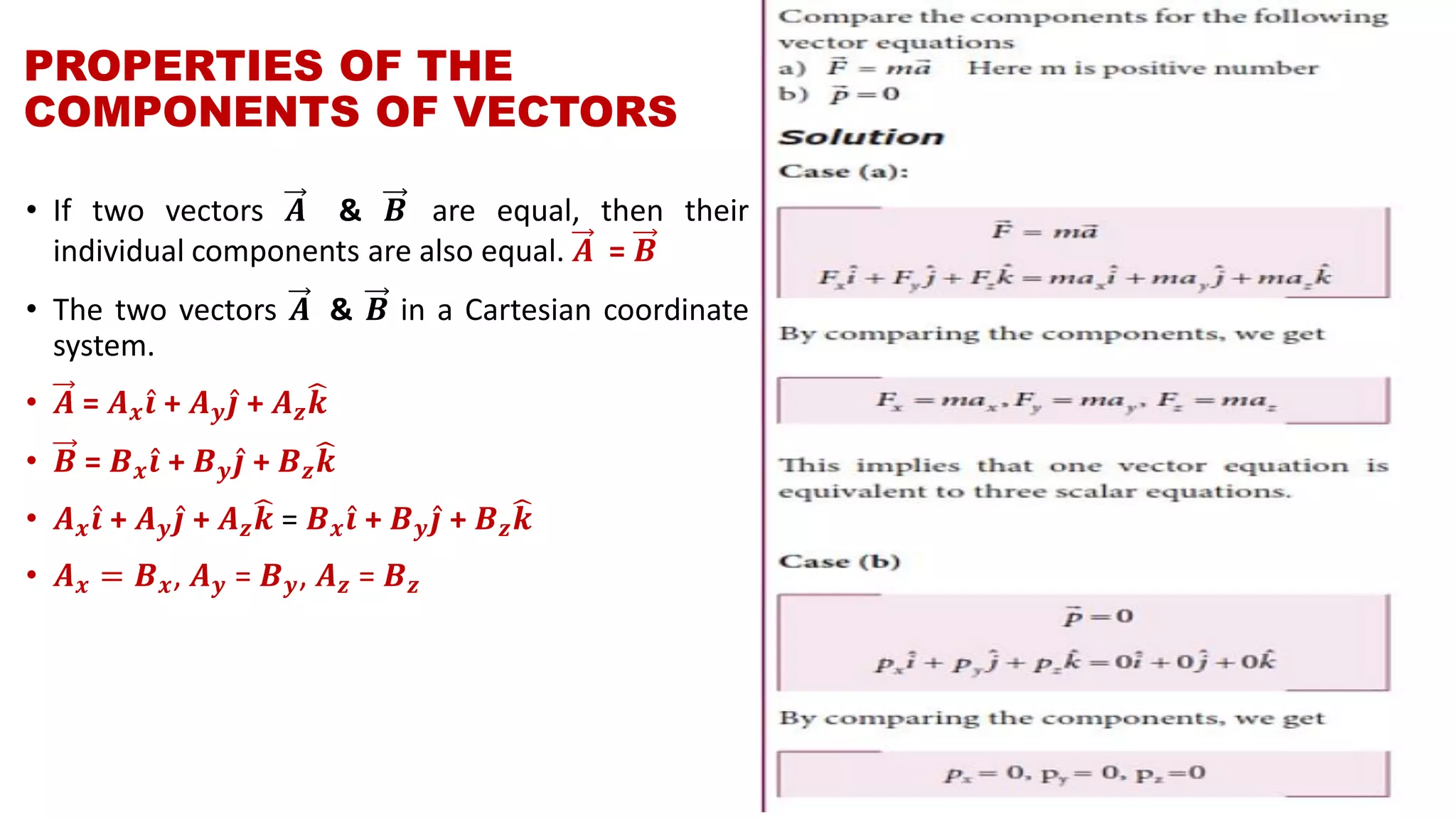 PROPERTIES OF THE
COMPONENTS OF VECTORS
• If two vectors 𝑨 & 𝑩 are equal, then their
individual components are also equal. 𝑨 = 𝑩
• The two vectors 𝑨 & 𝑩 in a Cartesian coordinate
system.
• 𝑨 = 𝑨 𝒙 Ƹ𝒊 + 𝑨 𝒚 Ƹ𝒋 + 𝑨 𝒛
෡𝒌
• 𝑩 = 𝑩 𝒙 Ƹ𝒊 + 𝑩 𝒚 Ƹ𝒋 + 𝑩 𝒛
෡𝒌
• 𝑨 𝒙 Ƹ𝒊 + 𝑨 𝒚 Ƹ𝒋 + 𝑨 𝒛
෡𝒌 = 𝑩 𝒙 Ƹ𝒊 + 𝑩 𝒚 Ƹ𝒋 + 𝑩 𝒛
෡𝒌
• 𝑨 𝒙 = 𝑩 𝒙, 𝑨 𝒚 = 𝑩 𝒚, 𝑨 𝒛 = 𝑩 𝒛
 