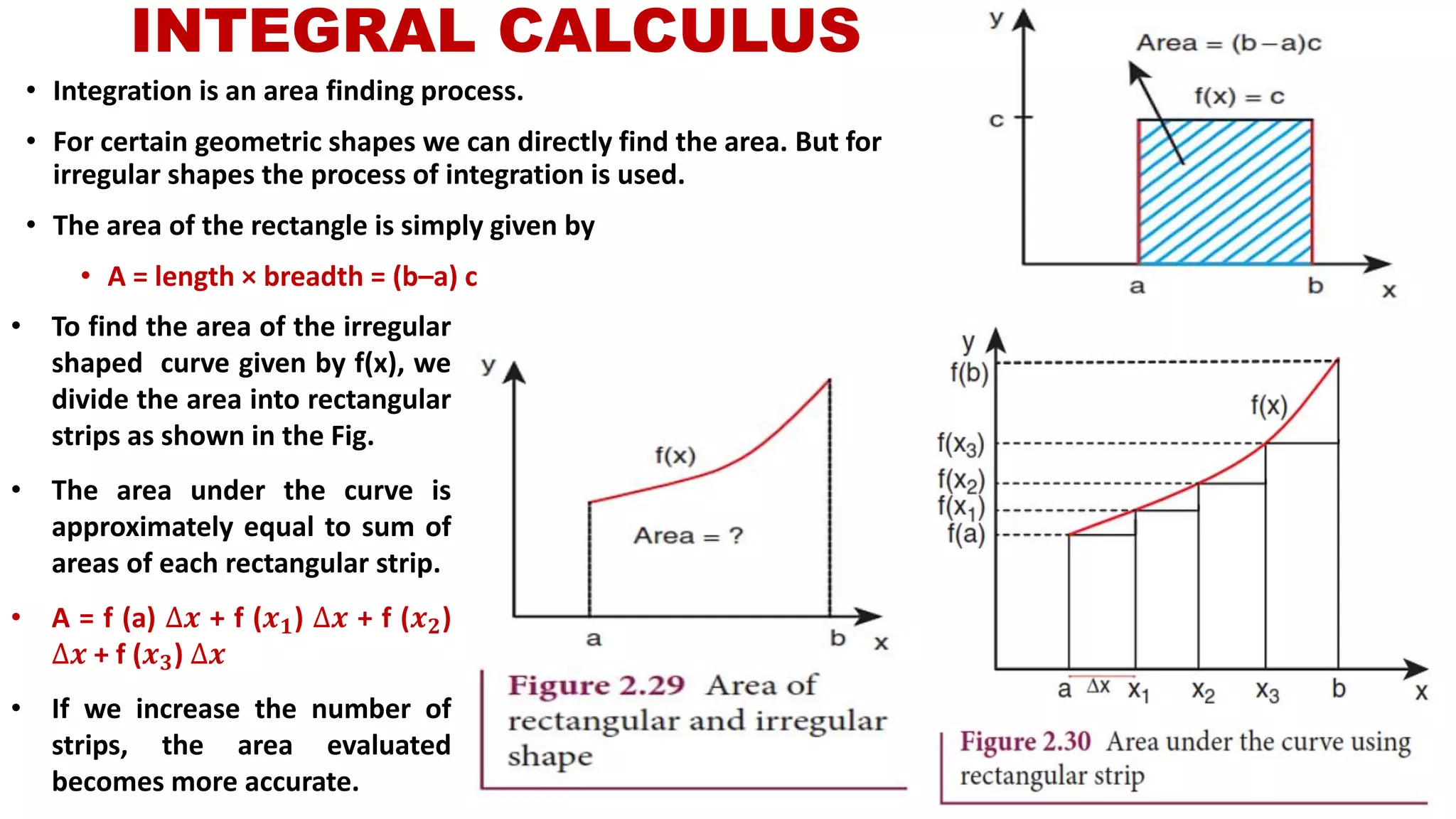 INTEGRAL CALCULUS
• Integration is an area finding process.
• For certain geometric shapes we can directly find the area. But for
irregular shapes the process of integration is used.
• The area of the rectangle is simply given by
• A = length × breadth = (b–a) c
• To find the area of the irregular
shaped curve given by f(x), we
divide the area into rectangular
strips as shown in the Fig.
• The area under the curve is
approximately equal to sum of
areas of each rectangular strip.
• A = f (a) ∆𝒙 + f (𝒙 𝟏) ∆𝒙 + f (𝒙 𝟐)
∆𝒙 + f (𝒙 𝟑) ∆𝒙
• If we increase the number of
strips, the area evaluated
becomes more accurate.
 
