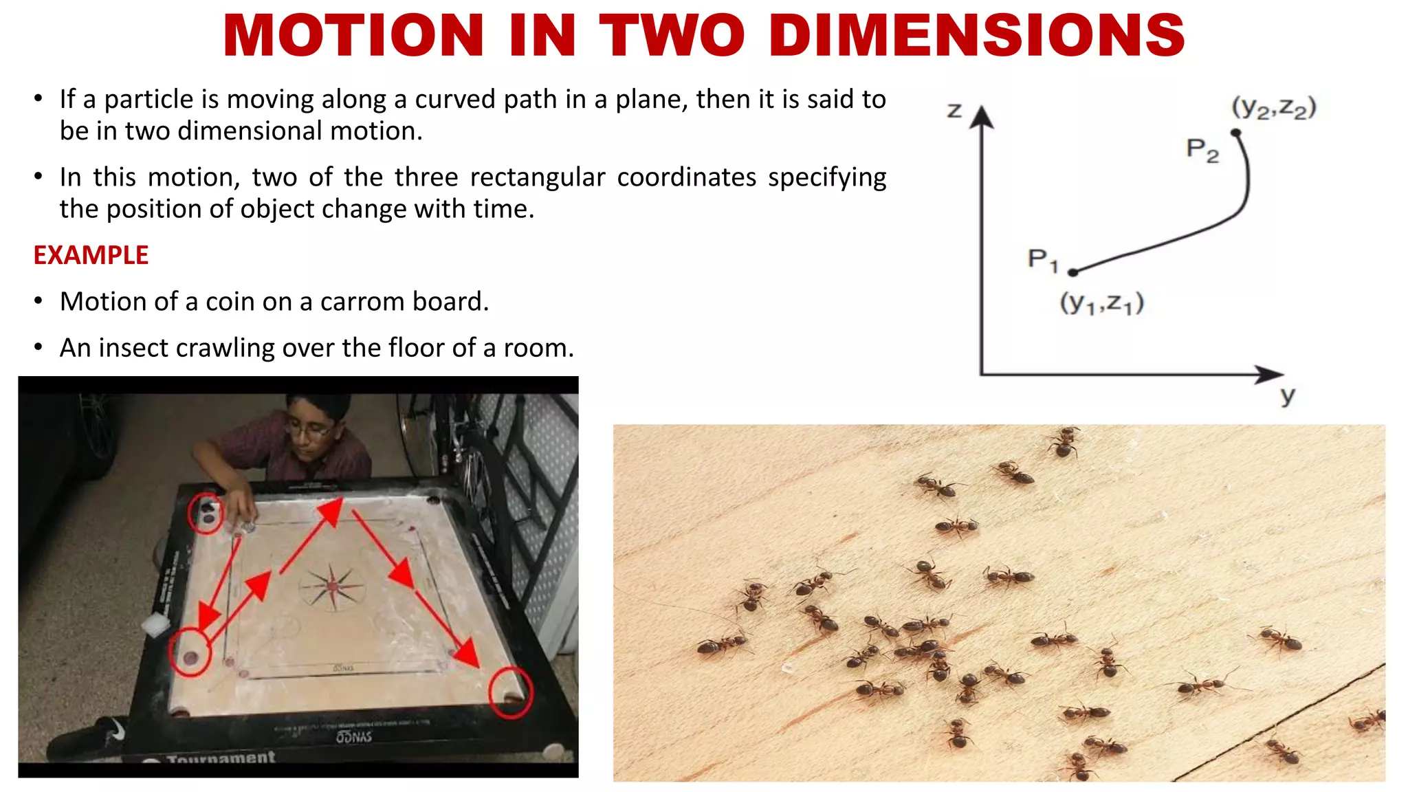 MOTION IN TWO DIMENSIONS
• If a particle is moving along a curved path in a plane, then it is said to
be in two dimensional motion.
• In this motion, two of the three rectangular coordinates specifying
the position of object change with time.
EXAMPLE
• Motion of a coin on a carrom board.
• An insect crawling over the floor of a room.
 