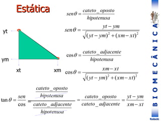 B
I
O
M
E
C
Â
N
I
C
A
Rodacki
yt
ym
xt xm
hipotenusa
oposto
cateto
sen
_


2
2
)
(
)
( xt
xm
ym
yt
ym
yt
sen






hipotenusa
adjacente
cateto_
cos 

2
2
)
(
)
(
cos
xt
xm
ym
yt
xt
xm






xt
xm
ym
yt



hipotenusa
oposto
cateto_
hipotenusa
adjacente
cateto_
cos
tan
sen

 = adjacente
cateto
oposto
cateto
_
_

Estática
 