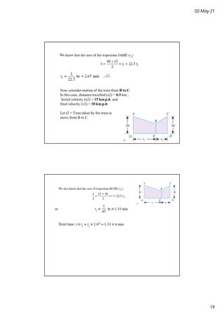 02-May-21
19
Now consider motion of the train from B to C.
In this case, distance travelled (s2) = 0.5 km ;
Initial velocity (u2) = 15 km.p.h. and
final velocity (v2) = 30 km.p.h.
Let t2 = Time taken by the train to
move from B to C.
 