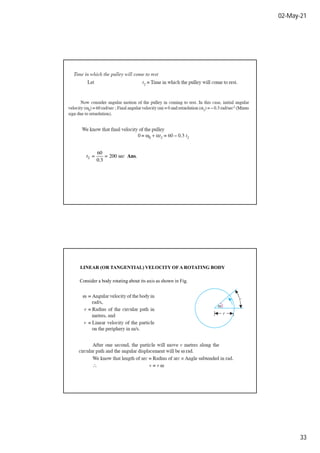 02-May-21
33
LINEAR (OR TANGENTIAL) VELOCITY OFA ROTATING BODY
Consider a body rotating about its axis as shown in Fig.
 