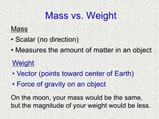Mass vs. Weight
On the moon, your mass would be the same,
but the magnitude of your weight would be less.
Mass
• Scalar (no direction)
• Measures the amount of matter in an object
Weight
• Vector (points toward center of Earth)
• Force of gravity on an object
 