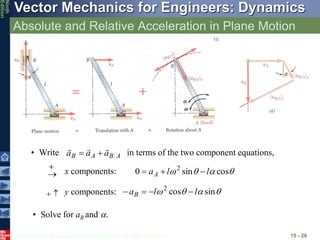 © 2010 The McGraw-Hill Companies, Inc. All rights reserved.
Vector Mechanics for Engineers: Dynamics
Ninth
Edition
Absolute and Relative Acceleration in Plane Motion
15 - 26

 x components: 


 cos
sin
0 2
l
l
aA 



 y components: 


 sin
cos
2
l
l
aB 



• Solve for aB and .
• Write in terms of the two component equations,
A
B
A
B a
a
a





 
