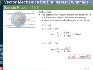 © 2010 The McGraw-Hill Companies, Inc. All rights reserved.
Vector Mechanics for Engineers: Dynamics
Ninth
Edition
Sample Problem 15.6
15 - 29
SOLUTION:
• The expression of the gear position as a function of 
is differentiated twice to define the relationship
between the translational and angular accelerations.



1
1
1
r
r
v
r
x
A
A







s
rad
8
m
0.150
s
m
2
.
1
1






r
vA


 1
1 r
r
aA 


 

m
150
.
0
s
m
3 2
1




r
aA

 k
k


 2
s
rad
20




 