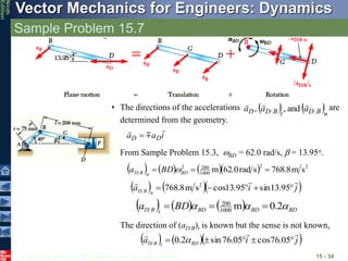 © 2010 The McGraw-Hill Companies, Inc. All rights reserved.
Vector Mechanics for Engineers: Dynamics
Ninth
Edition
Sample Problem 15.7
15 - 34
• The directions of the accelerations are
determined from the geometry.
   n
B
D
t
B
D
D a
a
a



and
,
,
From Sample Problem 15.3, BD = 62.0 rad/s, b = 13.95o.
       2
2
1000
200
2
s
m
8
.
768
s
rad
0
.
62
m 

 BD
n
B
D BD
a 
    
j
i
a n
B
D







 95
.
13
sin
95
.
13
cos
s
m
8
.
768 2
      BD
BD
BD
t
B
D BD
a 

 2
.
0
m
1000
200



The direction of (aD/B)t is known but the sense is not known,
    
j
i
a BD
t
B
D







 05
.
76
cos
05
.
76
sin
2
.
0 
i
a
a D
D




 