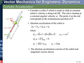 © 2010 The McGraw-Hill Companies, Inc. All rights reserved.
Vector Mechanics for Engineers: Dynamics
Ninth
Edition
Coriolis Acceleration
15 - 42
• Consider a collar P which is made to slide at constant
relative velocity u along rod OB. The rod is rotating at
a constant angular velocity . The point A on the rod
corresponds to the instantaneous position of P.
c
P
A
P a
a
a
a






 F
• Absolute acceleration of the collar is
  0

 Oxy
P r
a 



F
u
a
v
a c
P
c 
2
2 


 F



• The absolute acceleration consists of the radial and
tangential vectors shown
  2

r
a
r
r
a A
A 















where
 