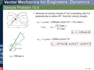 © 2010 The McGraw-Hill Companies, Inc. All rights reserved.
Vector Mechanics for Engineers: Dynamics
Ninth
Edition
Sample Problem 15.9
15 - 46
• Direction of velocity of point P’ on S coinciding with P is
perpendicular to radius OP. From the velocity triangle,
 
mm
1
.
37
s
mm
2
.
151
s
mm
2
.
151
6
.
17
sin
s
mm
500
sin







s
s
P
P
r
v
v



 k
s


s
rad
08
.
4



  

 6
.
17
cos
s
m
500
cos
P
s
P v
v
  
j
i
v s
P







 4
.
42
sin
4
.
42
cos
s
m
477
s
mm
500

P
v
 
