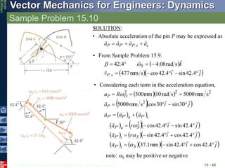 © 2010 The McGraw-Hill Companies, Inc. All rights reserved.
Vector Mechanics for Engineers: Dynamics
Ninth
Edition
Sample Problem 15.10
15 - 48
SOLUTION:
• Absolute acceleration of the pin P may be expressed as
c
s
P
P
P a
a
a
a






 
• From Sample Problem 15.9.
 
  
j
i
v
k
s
P
S














4
.
42
sin
4
.
42
cos
s
mm
477
s
rad
08
.
4
4
.
42 
b
• Considering each term in the acceleration equation,
  
  
j
i
a
R
a
P
D
P










30
sin
30
cos
s
mm
5000
s
mm
5000
s
rad
10
mm
500
2
2
2
2

   
    
    
     
j
i
a
j
i
r
a
j
i
r
a
a
a
a
S
t
P
S
t
P
S
n
P
t
P
n
P
P



































4
.
42
cos
4
.
42
sin
mm
1
.
37
4
.
42
cos
4
.
42
sin
4
.
42
sin
4
.
42
cos
2



note: S may be positive or negative
 