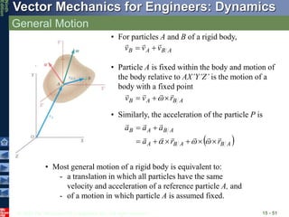 © 2010 The McGraw-Hill Companies, Inc. All rights reserved.
Vector Mechanics for Engineers: Dynamics
Ninth
Edition
General Motion
15 - 51
• For particles A and B of a rigid body,
A
B
A
B v
v
v





• Particle A is fixed within the body and motion of
the body relative to AX’Y’Z’ is the motion of a
body with a fixed point
A
B
A
B r
v
v






 
• Similarly, the acceleration of the particle P is
 
A
B
A
B
A
A
B
A
B
r
r
a
a
a
a




















• Most general motion of a rigid body is equivalent to:
- a translation in which all particles have the same
velocity and acceleration of a reference particle A, and
- of a motion in which particle A is assumed fixed.
 