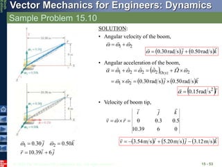 © 2010 The McGraw-Hill Companies, Inc. All rights reserved.
Vector Mechanics for Engineers: Dynamics
Ninth
Edition
Sample Problem 15.10
15 - 53
j
i
r
k
j







6
39
.
10
50
.
0
30
.
0 2
1



 

SOLUTION:
• Angular velocity of the boom,
2
1 







   k
j



s
rad
50
.
0
s
rad
30
.
0 


• Angular acceleration of the boom,
 
   k
j
Oxyz















s
rad
50
.
0
s
rad
30
.
0
2
1
2
2
2
2
1



















 i

 2
s
rad
15
.
0


• Velocity of boom tip,
0
6
39
.
10
5
.
0
3
.
0
0
k
j
i
r
v








 
     k
j
i
v




s
m
12
.
3
s
m
20
.
5
s
m
54
.
3 



 