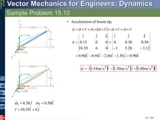 © 2010 The McGraw-Hill Companies, Inc. All rights reserved.
Vector Mechanics for Engineers: Dynamics
Ninth
Edition
Sample Problem 15.10
15 - 54
j
i
r
k
j







6
39
.
10
50
.
0
30
.
0 2
1



 

• Acceleration of boom tip,
 
k
j
i
i
k
k
j
i
k
j
i
a
v
r
r
r
a






















90
.
0
50
.
1
60
.
2
94
.
0
90
.
0
12
.
3
20
.
5
3
50
.
0
30
.
0
0
0
6
39
.
10
0
0
15
.
0

















 




     k
j
i
a



 2
2
2
s
m
80
.
1
s
m
50
.
1
s
m
54
.
3 



 