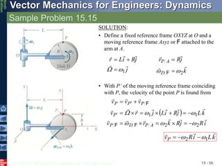 © 2010 The McGraw-Hill Companies, Inc. All rights reserved.
Vector Mechanics for Engineers: Dynamics
Ninth
Edition
Sample Problem 15.15
15 - 58
SOLUTION:
• Define a fixed reference frame OXYZ at O and a
moving reference frame Axyz or F attached to the
arm at A.
j
j
R
i
L
r





1

 


k
j
R
r
D
A
P




2

 

F
• With P’ of the moving reference frame coinciding
with P, the velocity of the point P is found from
 
i
R
j
R
k
r
v
k
L
j
R
i
L
j
r
v
v
v
v
A
P
D
P
P
P
P
P
















2
2
1
1























F
F
F
k
L
i
R
vP



1
2 
 


 