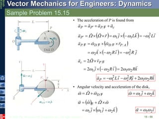 © 2010 The McGraw-Hill Companies, Inc. All rights reserved.
Vector Mechanics for Engineers: Dynamics
Ninth
Edition
Sample Problem 15.15
15 - 59
• The acceleration of P is found from
c
P
P
P a
a
a
a






  F
    i
L
k
L
j
r
aP






 2
1
1
1 



 








 
  j
R
i
R
k
r
a A
P
D
D
P







2
2
2
2 











 F
F
F
  k
R
i
R
j
v
a P
c






2
1
2
1 2
2
2










 F
k
R
j
R
i
L
aP




2
1
2
2
2
1 2 


 



• Angular velocity and acceleration of the disk,
F
D







 k
j



2
1 

 

 
 
k
j
j








2
1
1 











 F
i


2
1

 
 