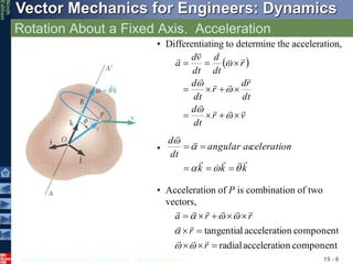 © 2010 The McGraw-Hill Companies, Inc. All rights reserved.
Vector Mechanics for Engineers: Dynamics
Ninth
Edition
Rotation About a Fixed Axis. Acceleration
15 - 6
• Differentiating to determine the acceleration,
 
v
r
dt
d
dt
r
d
r
dt
d
r
dt
d
dt
v
d
a




























•
k
k
k
celeration
angular ac
dt
d


















component
on
accelerati
radial
component
on
accelerati
l
tangentia










r
r
r
r
a

















• Acceleration of P is combination of two
vectors,
 
