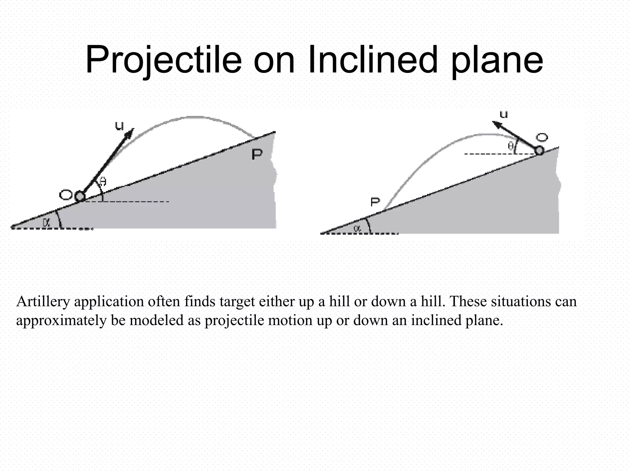 Projectile on Inclined plane
Artillery application often finds target either up a hill or down a hill. These situations can
approximately be modeled as projectile motion up or down an inclined plane.
 