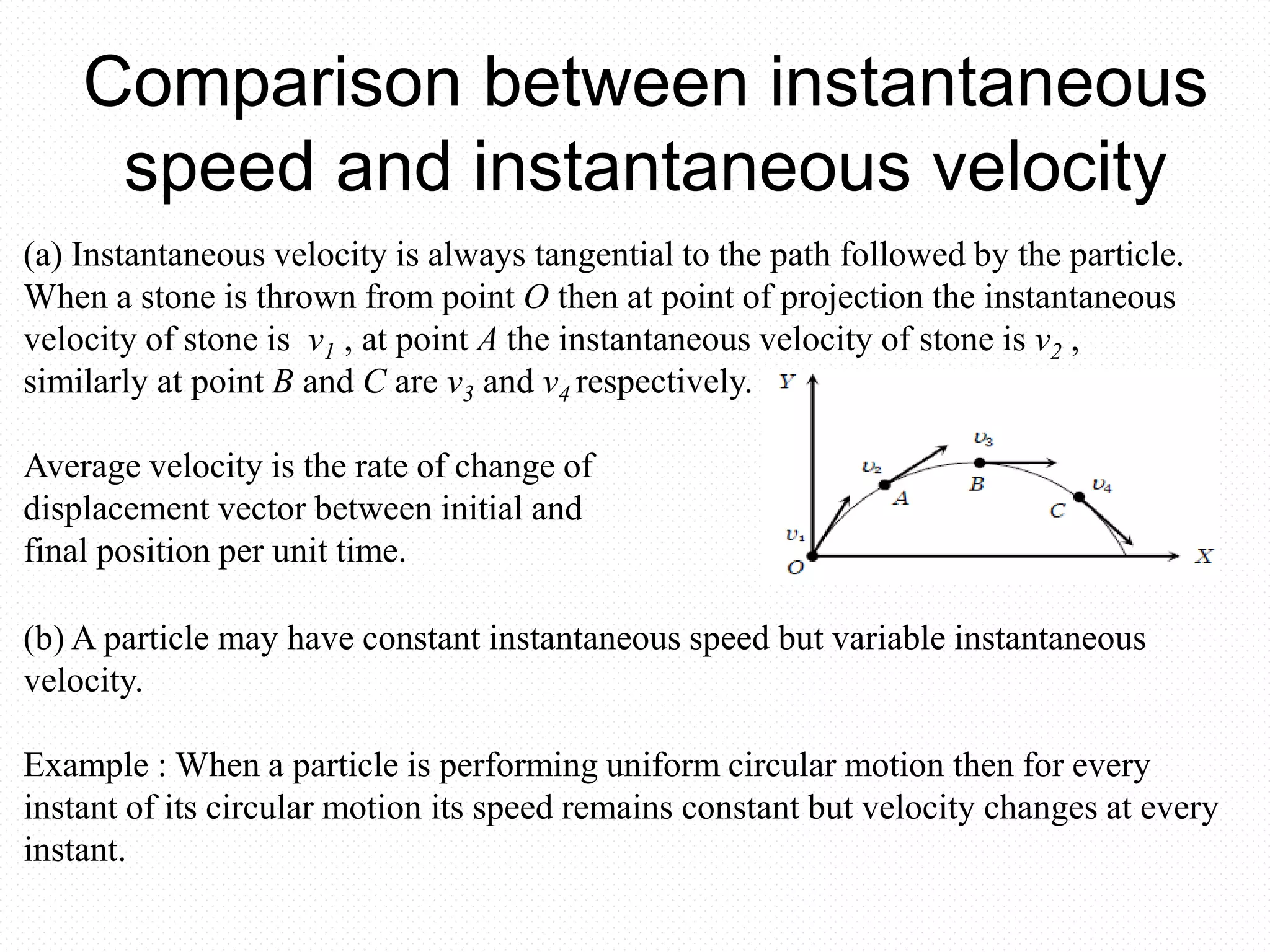 Comparison between instantaneous
speed and instantaneous velocity
(a) Instantaneous velocity is always tangential to the path followed by the particle.
When a stone is thrown from point O then at point of projection the instantaneous
velocity of stone is v1 , at point A the instantaneous velocity of stone is v2 ,
similarly at point B and C are v3 and v4 respectively.
Average velocity is the rate of change of
displacement vector between initial and
final position per unit time.
(b) A particle may have constant instantaneous speed but variable instantaneous
velocity.
Example : When a particle is performing uniform circular motion then for every
instant of its circular motion its speed remains constant but velocity changes at every
instant.
 