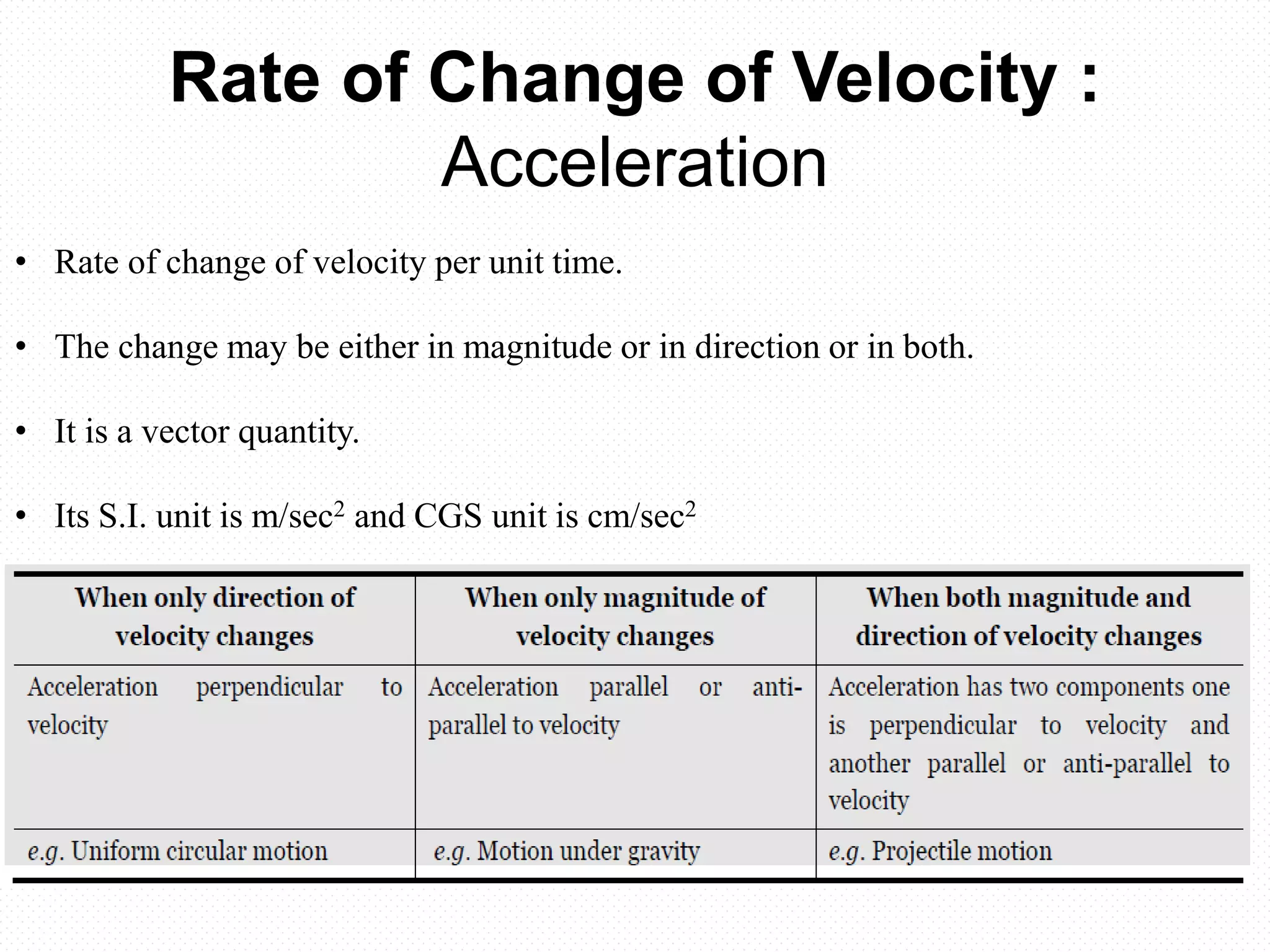 Rate of Change of Velocity :
Acceleration
• Rate of change of velocity per unit time.
• The change may be either in magnitude or in direction or in both.
• It is a vector quantity.
• Its S.I. unit is m/sec2 and CGS unit is cm/sec2
 
