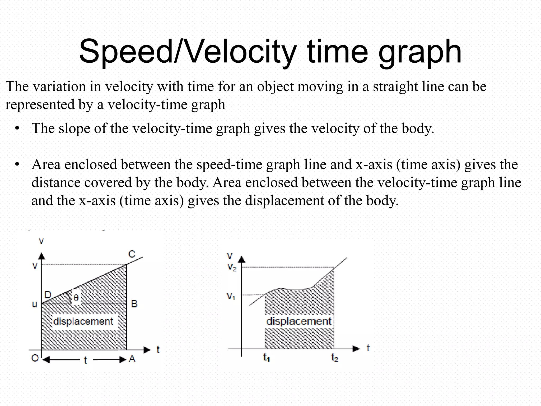 Speed/Velocity time graph
The variation in velocity with time for an object moving in a straight line can be
represented by a velocity-time graph
• The slope of the velocity-time graph gives the velocity of the body.
• Area enclosed between the speed-time graph line and x-axis (time axis) gives the
distance covered by the body. Area enclosed between the velocity-time graph line
and the x-axis (time axis) gives the displacement of the body.
 