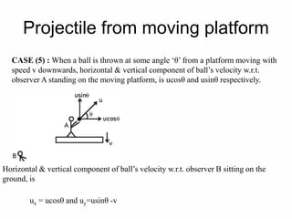 Projectile from moving platform
CASE (5) : When a ball is thrown at some angle ‘θ’ from a platform moving with
speed v downwards, horizontal & vertical component of ball’s velocity w.r.t.
observer A standing on the moving platform, is ucosθ and usinθ respectively.
Horizontal & vertical component of ball’s velocity w.r.t. observer B sitting on the
ground, is
ux = ucosθ and uy=usinθ -v
 