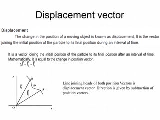 Displacement vector
DISPLACEMENT VECTOR
It is a vector joining the initial position of the particle to its final position after an interval of time.
Mathematically, it is equal to the change in position vector.
12Δ rrr



r1

r2
y
O
r
B
A
x
Line joining heads of both position Vectors is
displacement vector. Direction is given by subtraction of
position vectors
 