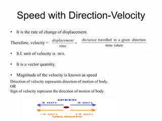 Speed with Direction-Velocity
• It is the rate of change of displacement.
Therefore, velocity =
• S.I. unit of velocity is m/s.
• It is a vector quantity.
• Magnitude of the velocity is known as speed

time
ntdisplaceme
takentime
directiongivenaintravelledcetandis
Direction of velocity represents direction of motion of body.
OR
Sign of velocity represent the direction of motion of body.
 