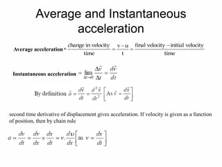 Average and Instantaneous
acceleration
Acceleration =
time
velocityinitialvelocityfinal
t
uv
time
velocityinchange 



Instantaneous acceleration
Average acceleration
second time derivative of displacement gives acceleration. If velocity is given as a function
of position, then by chain rule
 