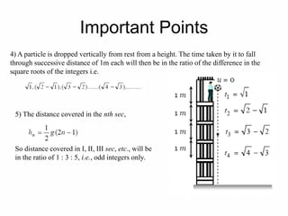 Important Points
4) A particle is dropped vertically from rest from a height. The time taken by it to fall
through successive distance of 1m each will then be in the ratio of the difference in the
square roots of the integers i.e.
5) The distance covered in the nth sec,
So distance covered in I, II, III sec, etc., will be
in the ratio of 1 : 3 : 5, i.e., odd integers only.
 