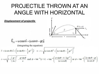 PROJECTILE THROWN AT AN
ANGLE WITH HORIZONTAL
Displacement of projectile
  jˆ)gtsinu(iˆcosuv t 

(integrating the equation)
 