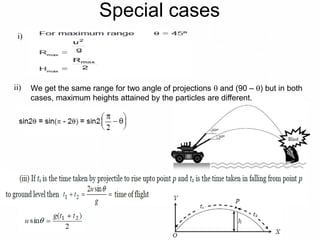 Special cases
i)
We get the same range for two angle of projections  and (90 – ) but in both
cases, maximum heights attained by the particles are different.
ii)
 
