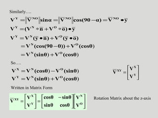Similarly….
yVα)cos(90VsinαVV NONONOY
•=−==
y)oVn(VV ONY
•∗+∗=
)oy(V)ny(VV ONY
•+•=
))
)
(cosθV(sinθV
(cosθVθ))(cos(90V
ON
ON
+=
+−=
So….
)) (cosθV(sinθVV ONY
+=
)) (sinθV(cosθVV ONX
−= 





= Y
X
XY
V
V
V
Written in Matrix Form











 −
=





= O
N
Y
X
XY
V
V
cosθsinθ
sinθcosθ
V
V
V
Rotation Matrix about the z-axis
 