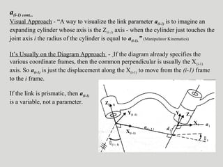 a(i-1) cont...
Visual Approach - “A way to visualize the link parameter a(i-1) is to imagine an
expanding cylinder whose axis is the Z(i-1) axis - when the cylinder just touches the
joint axis i the radius of the cylinder is equal to a(i-1).” (Manipulator Kinematics)
It’s Usually on the Diagram Approach - If the diagram already specifies the
various coordinate frames, then the common perpendicular is usually the X(i-1)
axis. So a(i-1) is just the displacement along the X(i-1) to move from the (i-1) frame
to the i frame.
If the link is prismatic, then a(i-1)
is a variable, not a parameter. Z(i - 1)
X(i -1)
Y(i -1)
( i - 1)
a(i - 1 )
Zi
Yi
Xi ai
di
 i
 