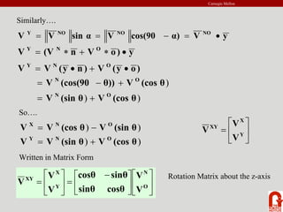 Carnegie Mellon
Similarly….
y
V
α)
cos(90
V
sin α
V
V NO
NO
NO
Y
•
=
−
=
=
y
)
o
V
n
(V
V O
N
Y
•
∗
+
∗
=
)
o
y
(
V
)
n
y
(
V
V O
N
Y
•
+
•
=
)
)
)
(cos θ
V
(sin θ
V
(cos θ
V
θ))
(cos(90
V
O
N
O
N
+
=
+
−
=
So….
)
) (cos θ
V
(sin θ
V
V O
N
Y
+
=
)
) (sin θ
V
(cos θ
V
V O
N
X
−
= ⎥
⎦
⎤
⎢
⎣
⎡
= Y
X
XY
V
V
V
Written in Matrix Form
⎥
⎦
⎤
⎢
⎣
⎡
⎥
⎦
⎤
⎢
⎣
⎡ −
=
⎥
⎦
⎤
⎢
⎣
⎡
= O
N
Y
X
XY
V
V
cosθ
sinθ
sinθ
cosθ
V
V
V
Rotation Matrix about the z-axis
 